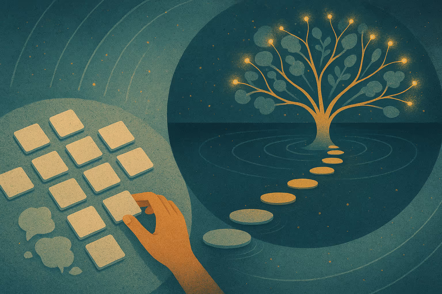 Illustration of a hand placing cards beside stepping stones to a glowing tree