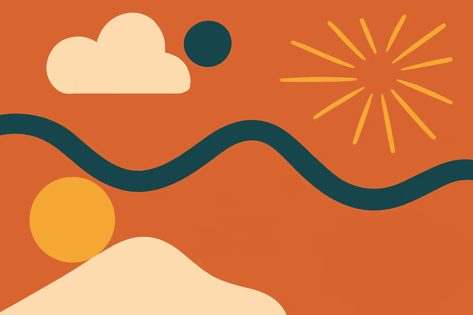 Minimal illustration of sun, cloud, and a winding teal line on warm terracotta