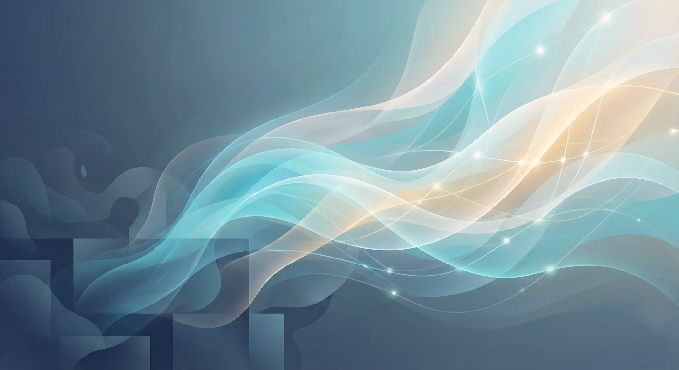 Glowing teal and gold wave ribbons with sparkles flowing across a deep blue-gray field