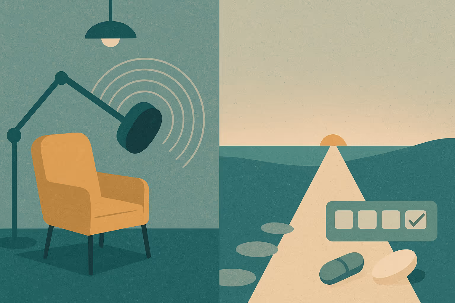 Flat illustration of a yellow armchair under a magnetic coil and a pill with a checklist