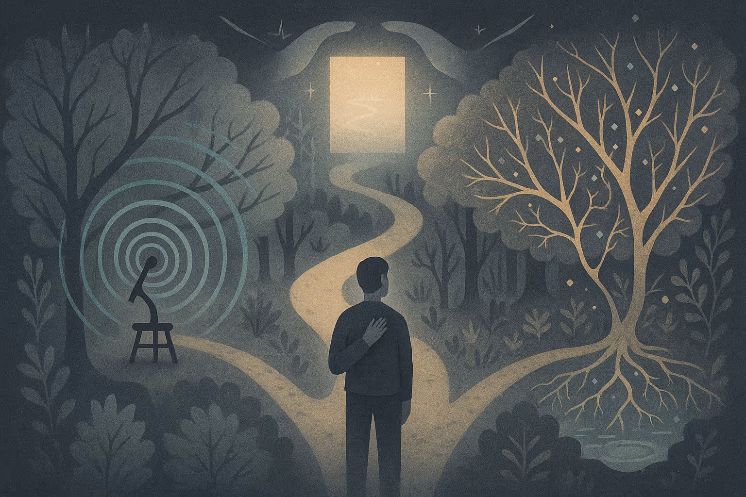 Illustration of a person at a forest fork, a bare tree and glowing tree framing a lit doorway