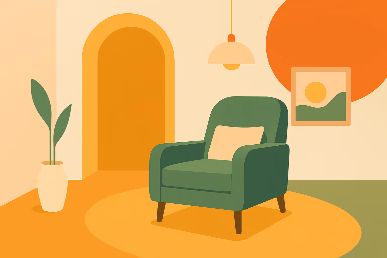 Warm flat illustration of a cozy green armchair, plant and pendant lamp in a sunlit room