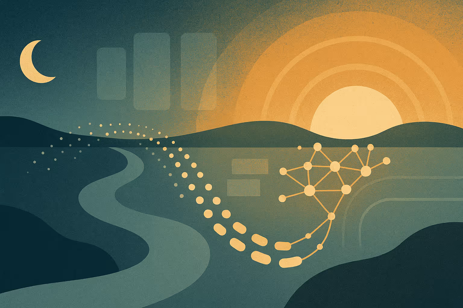 Stylized landscape where a crescent moon shifts to a rising sun over hills, with a golden network path