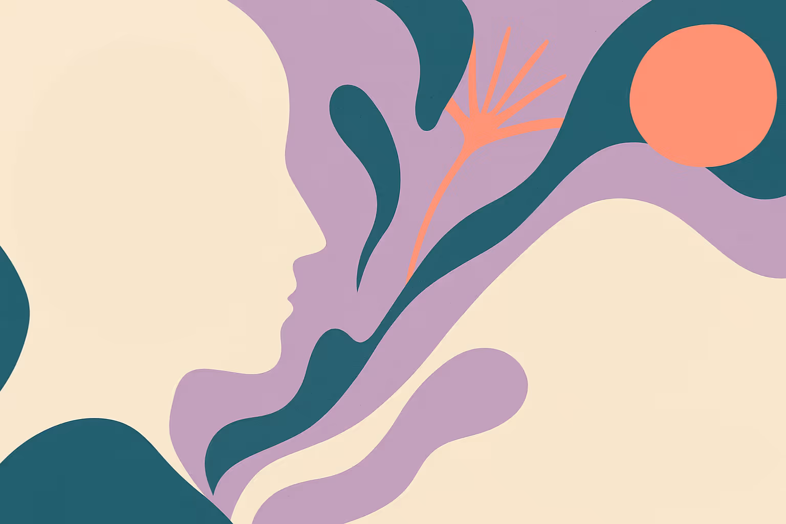 Minimalist illustration of a person's profile flowing into organic shapes in lilac, teal, and coral