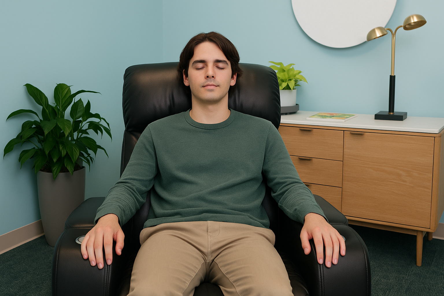 A young man relaxes with eyes closed in a reclined chair in a calm green-and-blue treatment room