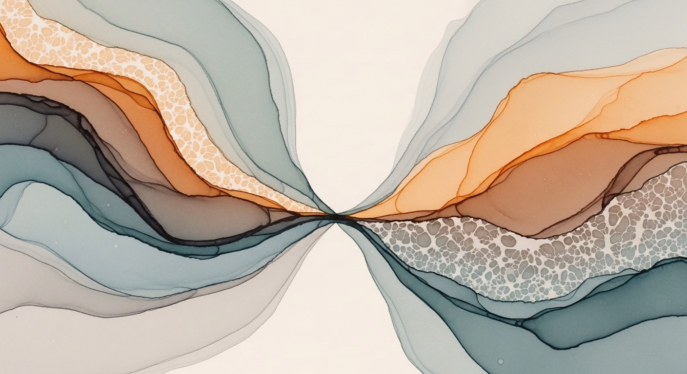 Flowing alcohol-ink waves meeting at a center point in muted teal, amber, and rust tones