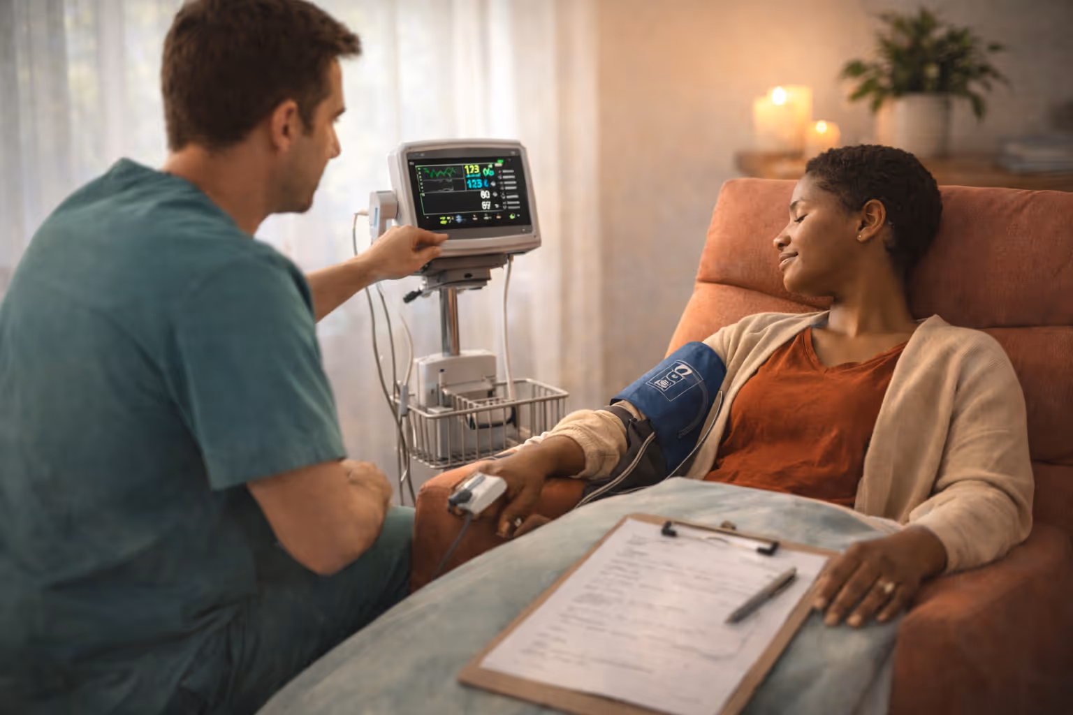 A clinician checks a relaxed patient's vitals with a monitor and arm cuff in a warm, calm treatment room