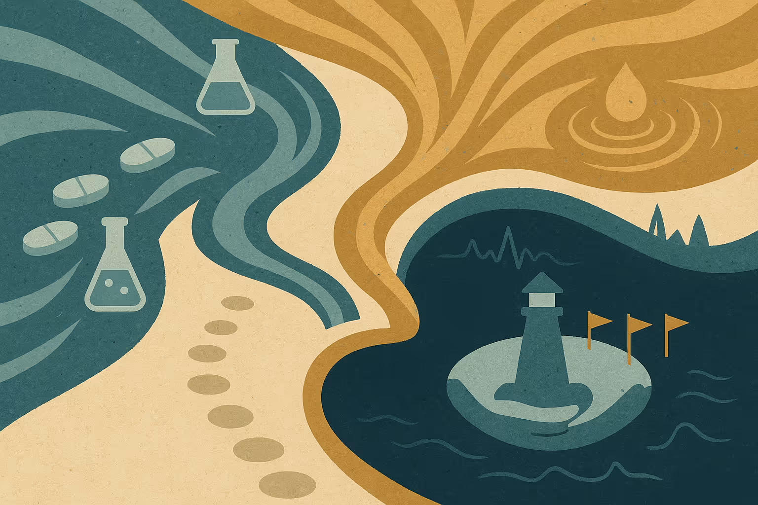 Stylized illustration of a winding path with flasks and pills leading to a calm lighthouse on water