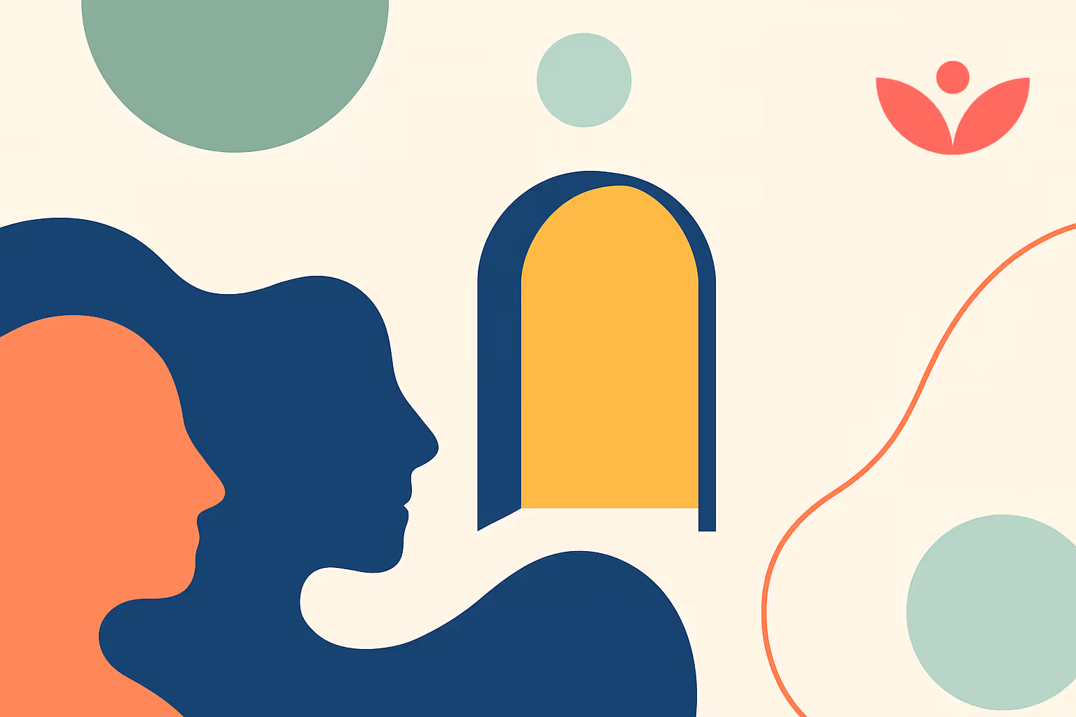 Minimalist illustration of two facing profiles before an open doorway amid soft shapes and a coral bloom