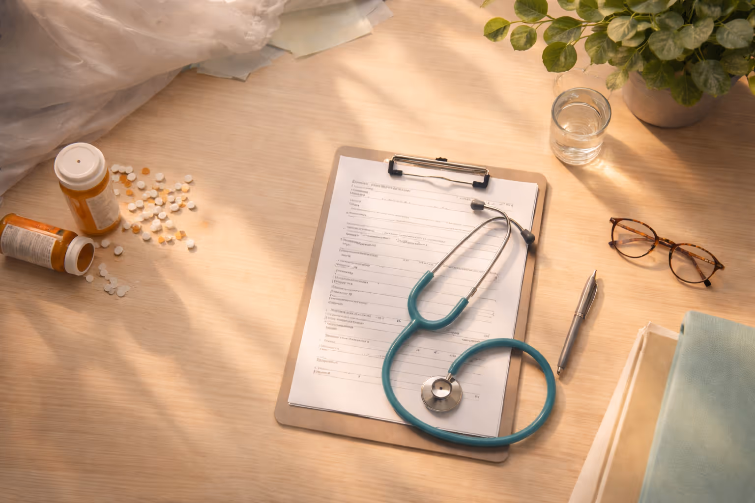 A teal stethoscope on a clipboard beside pill bottles, glasses, water, and a plant on a warm wooden desk