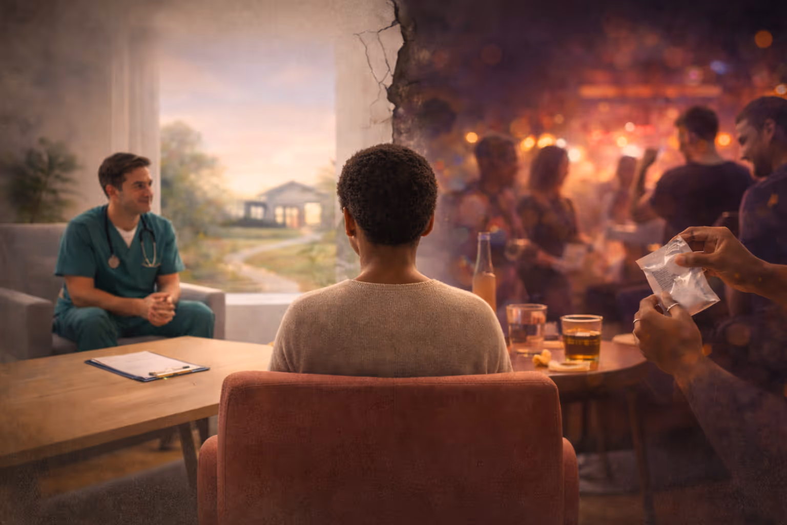 A person seen from behind, split between a calm clinician's office and a tense party scene