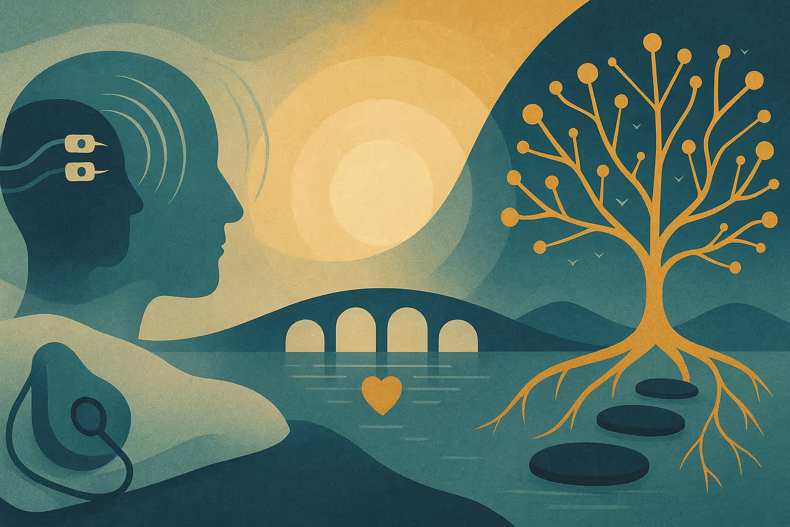 Illustration of a head with electrodes beside a golden tree and bridge over calm teal water