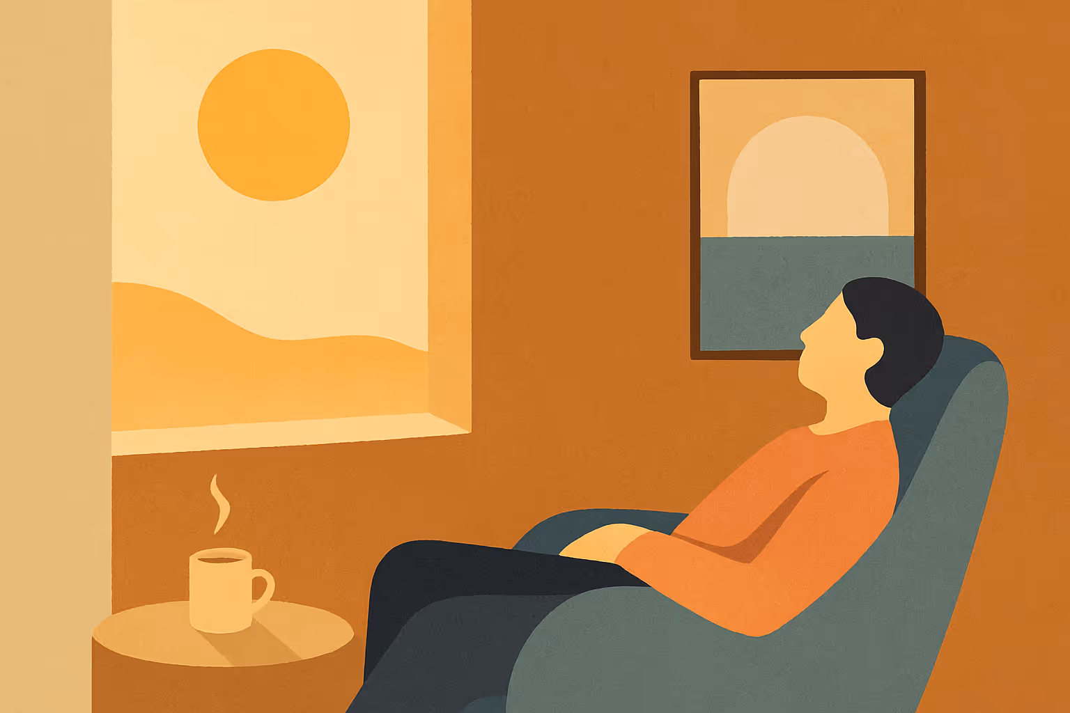 Illustration of a person resting in a chair by a window at sunset with a steaming mug nearby
