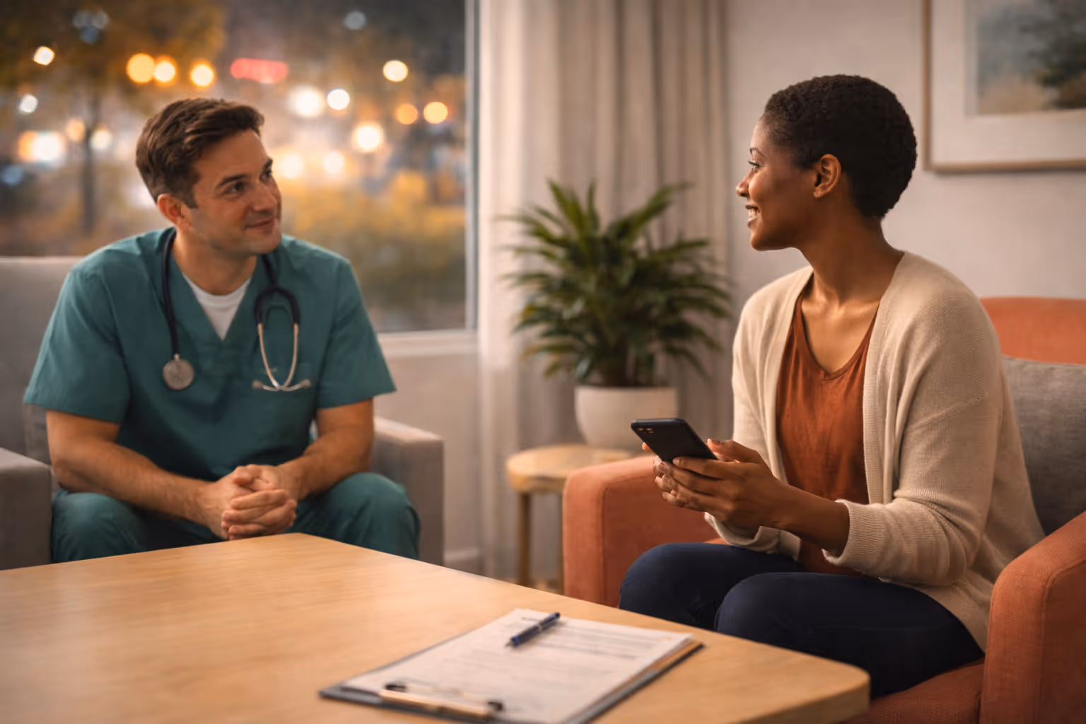 A clinician in scrubs and a woman with a phone talking warmly across a table in soft evening light