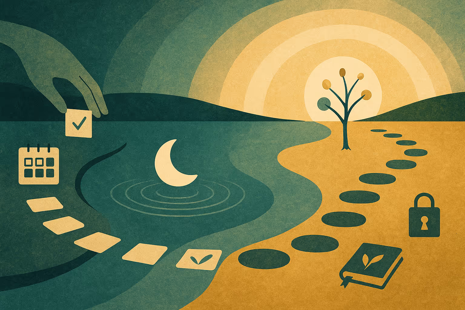 Illustration of a hand placing a checkmark card along stepping stones toward a sunrise and tree