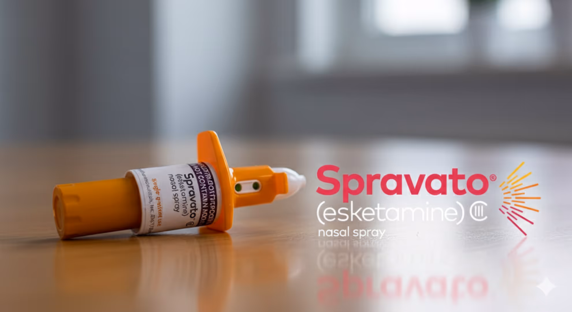 A Spravato esketamine nasal spray device resting on a wooden table beside the product logo