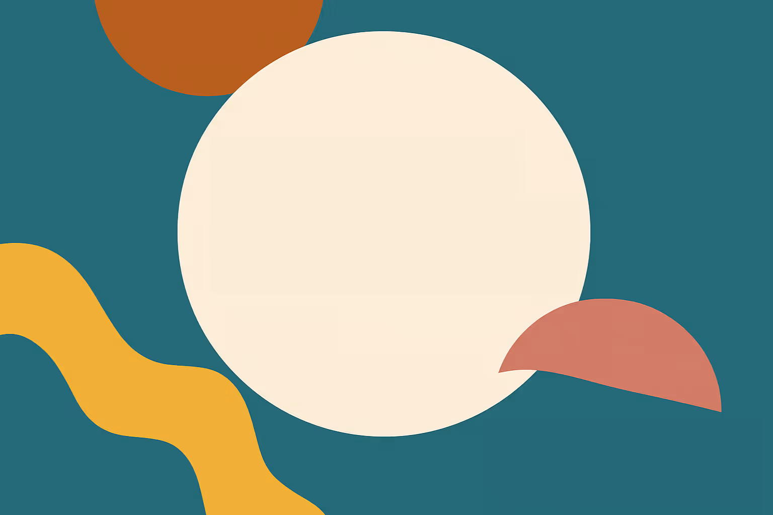 Minimal abstract shapes — a large cream circle, wavy yellow band, and rust and pink curves on teal