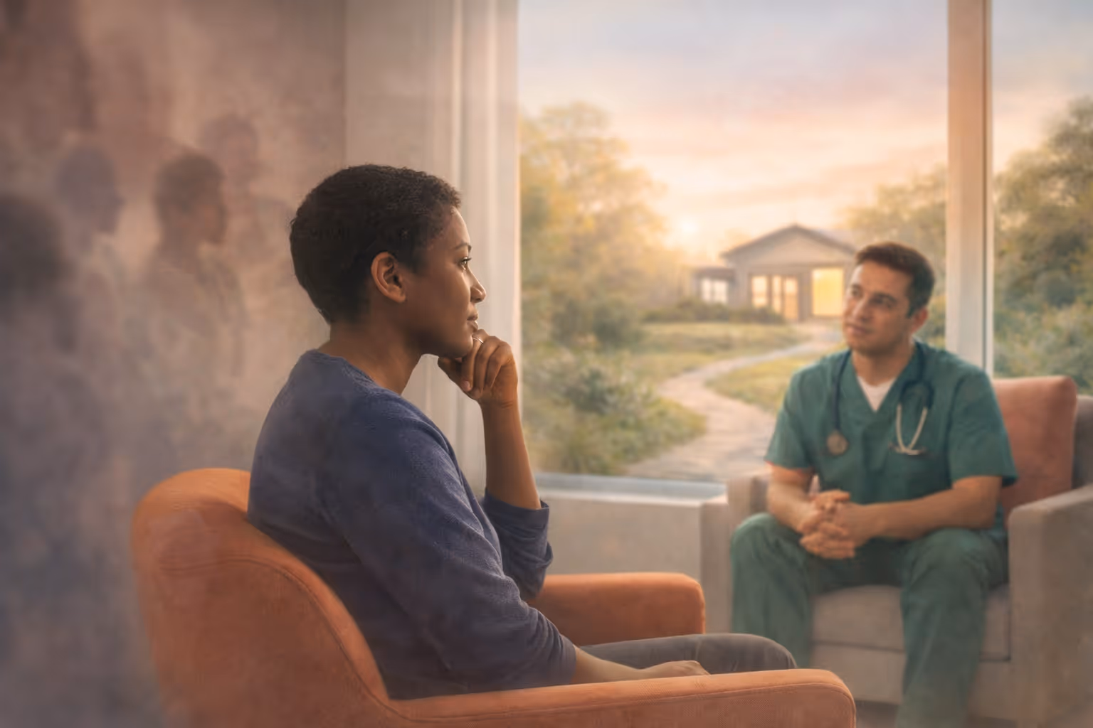 A person resting in an armchair by a window gazing toward a clinician in green scrubs at sunset