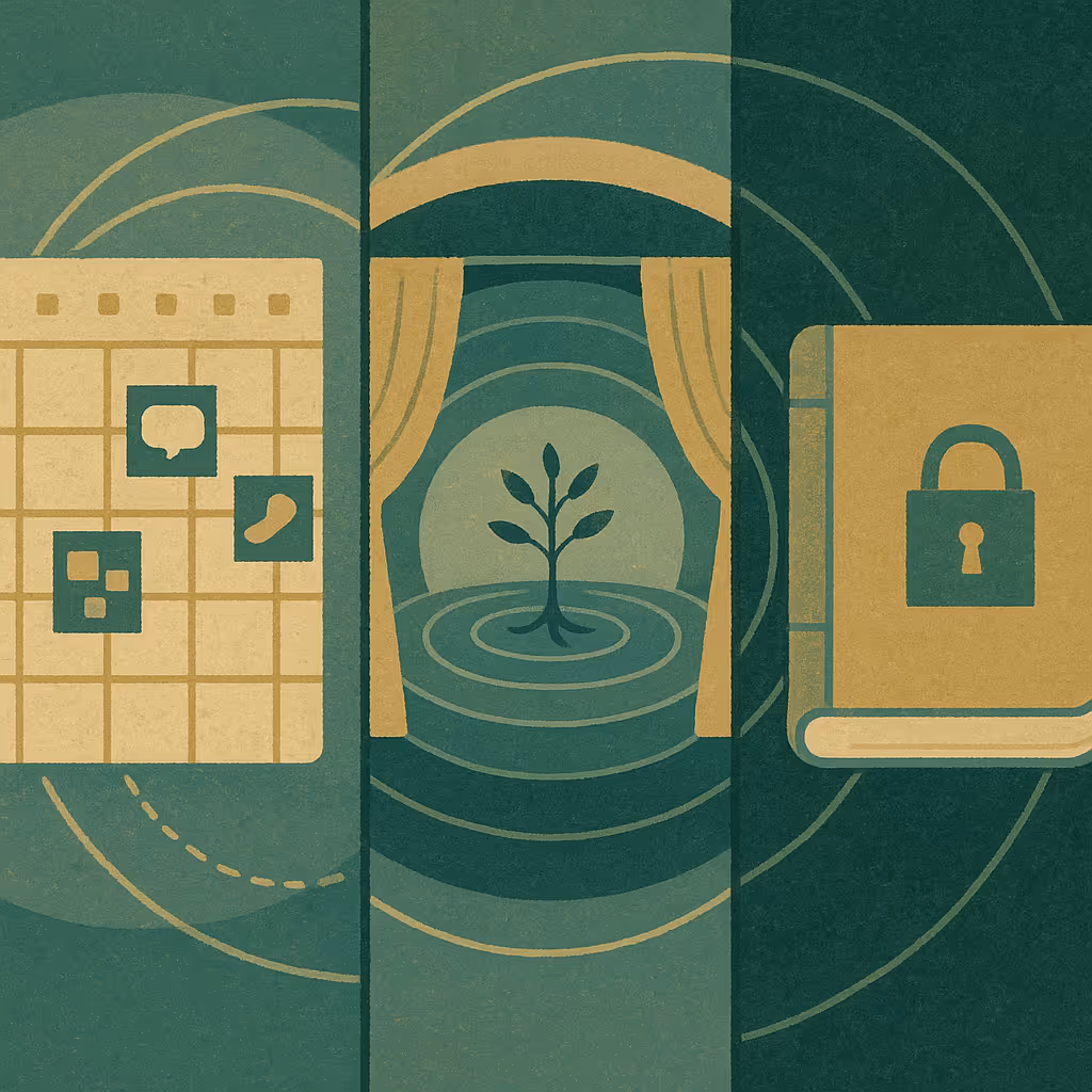 Illustrated triptych in green and gold of a calendar, a sprouting plant, and a locked book