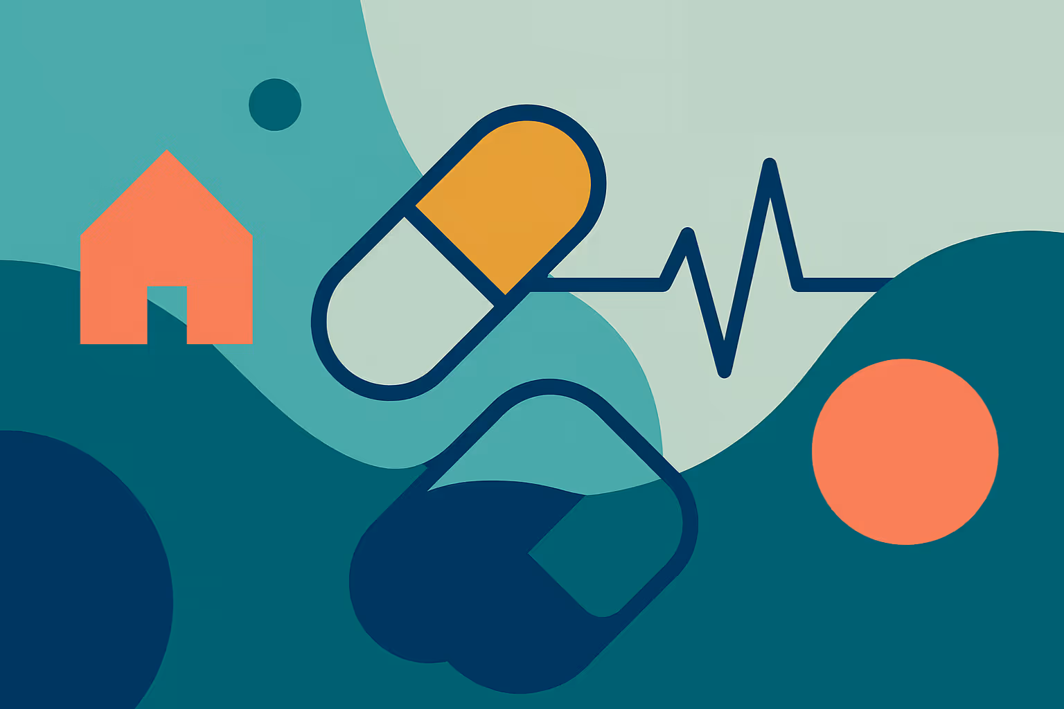 Flat illustration of a house, capsule, rounded square, and heartbeat line over teal and coral shapes
