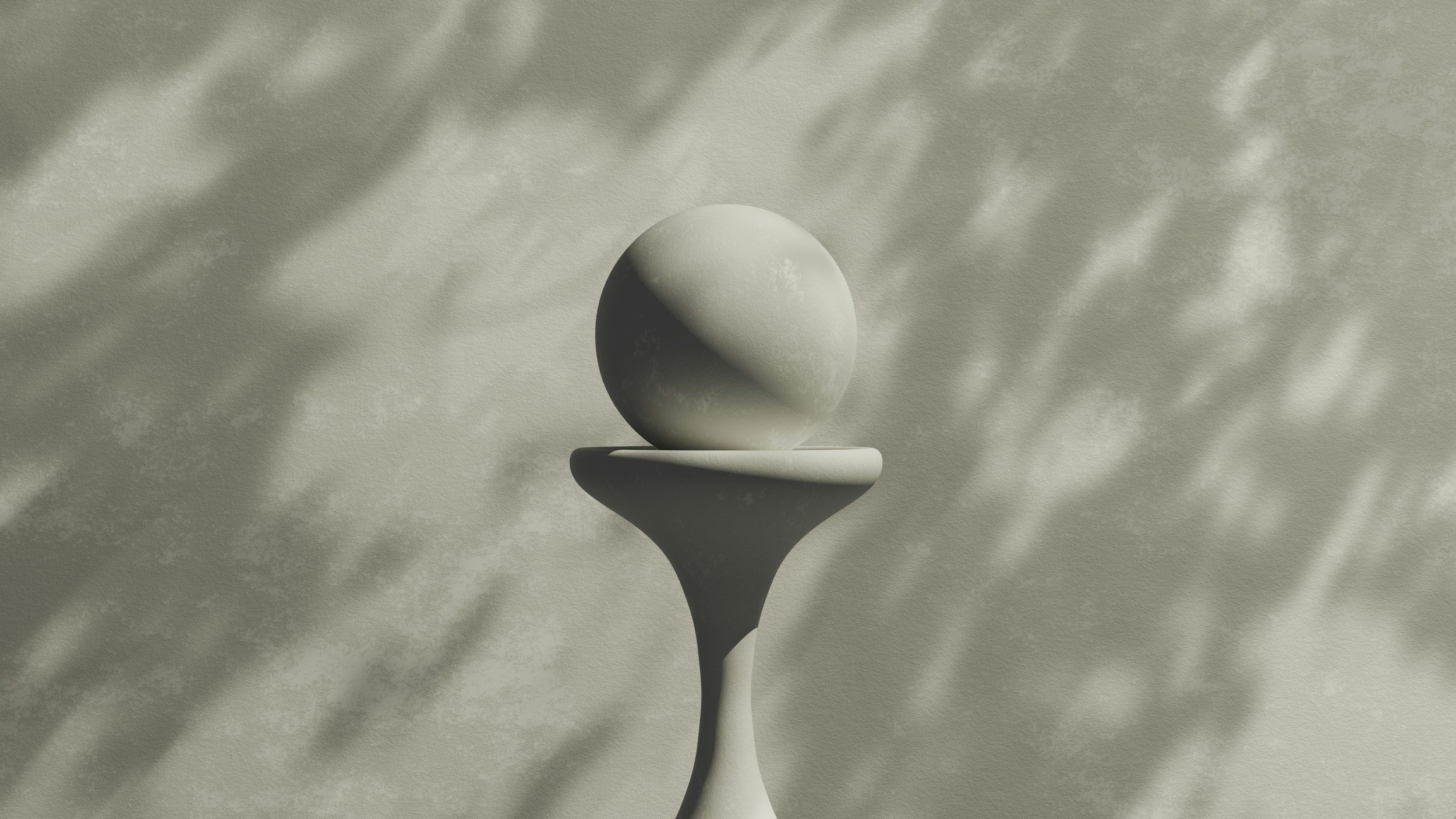 A pale sphere balanced on a slender pedestal against a softly dappled gray wall