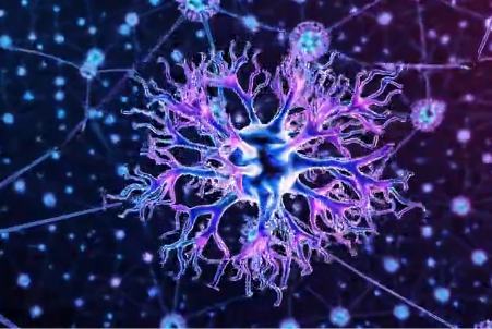 A vivid 3D rendering of a star-shaped glial cell glowing blue and purple on a dark field