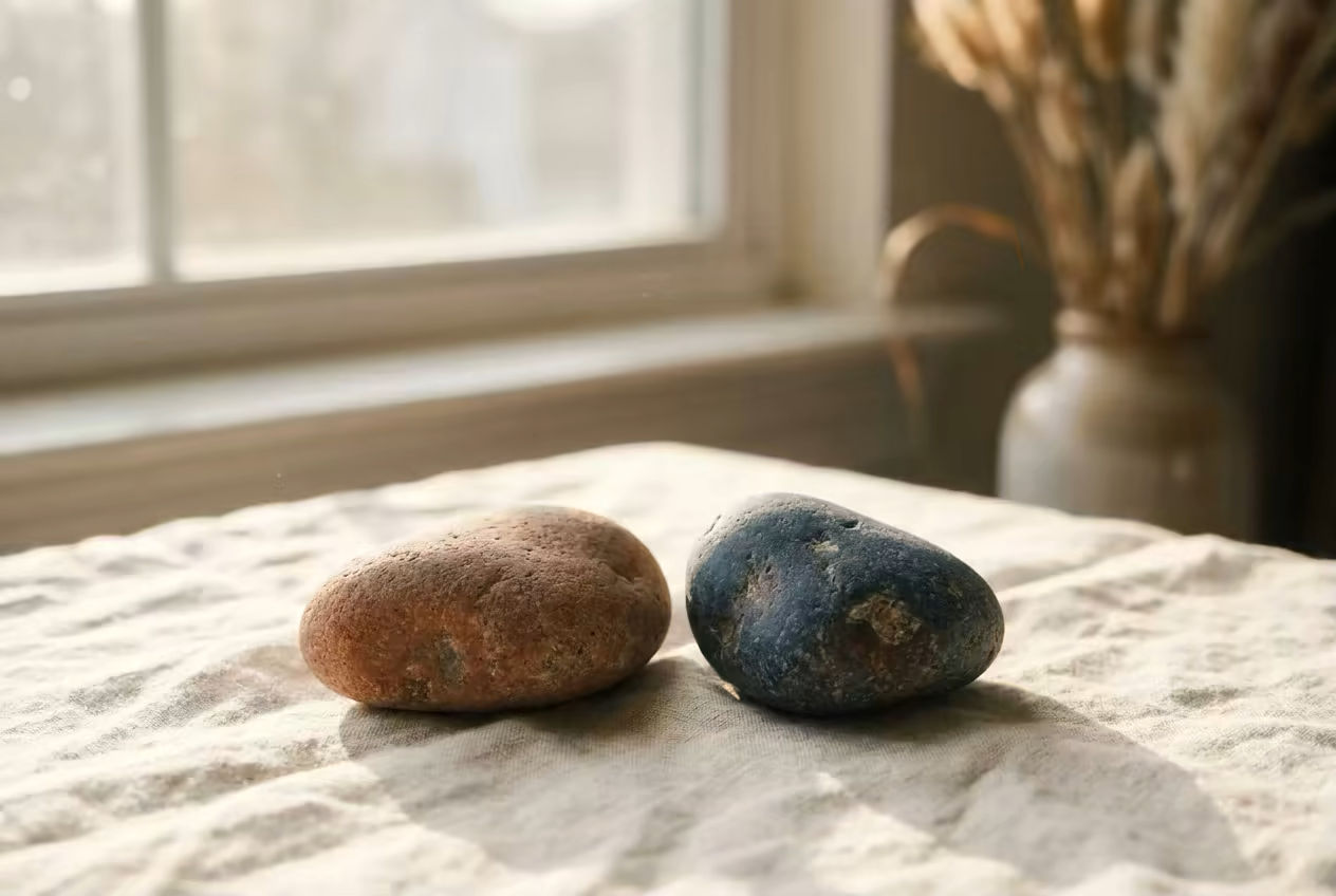 Two smooth stones, one warm terracotta and one deep indigo, resting side by side on cream linen in soft window light