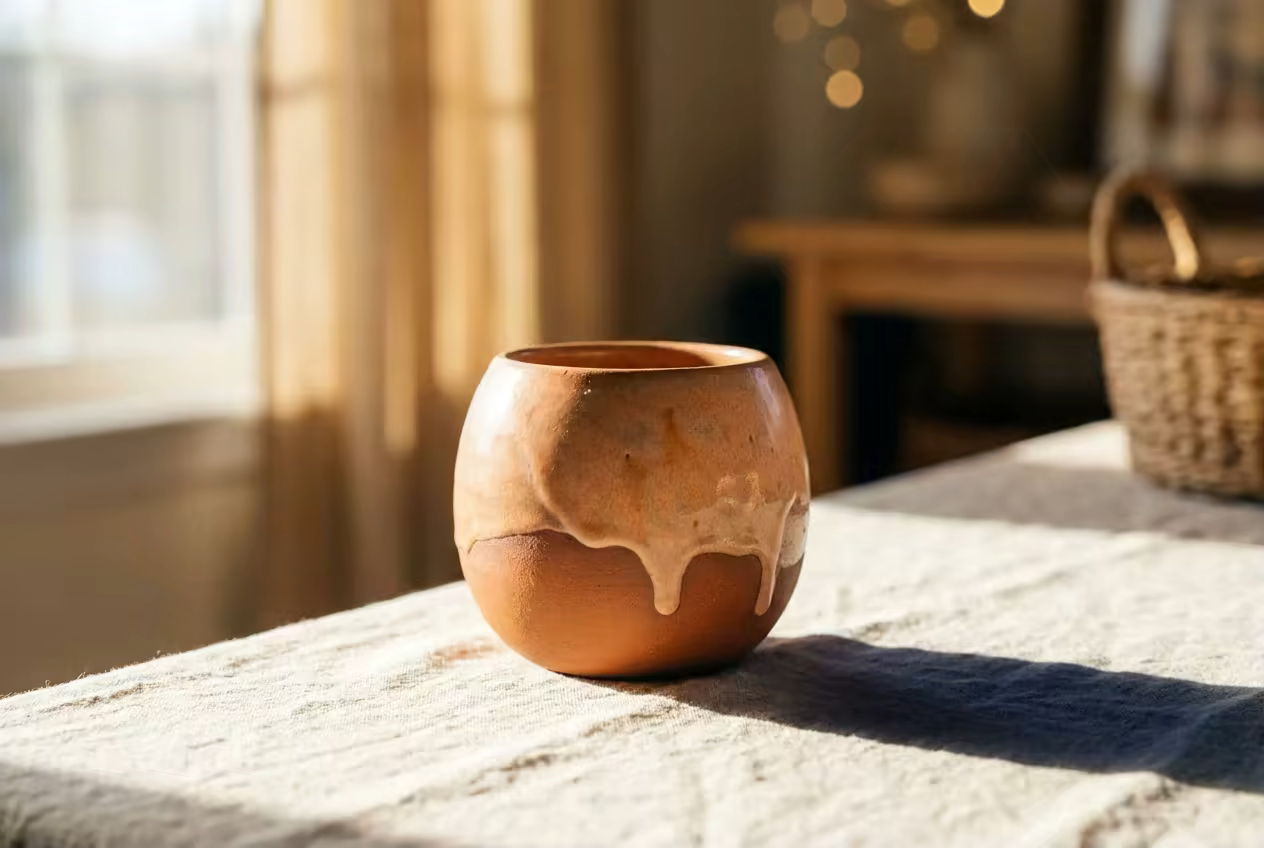 A handmade terracotta ceramic vessel with apricot drip glaze on cream linen in warm window light