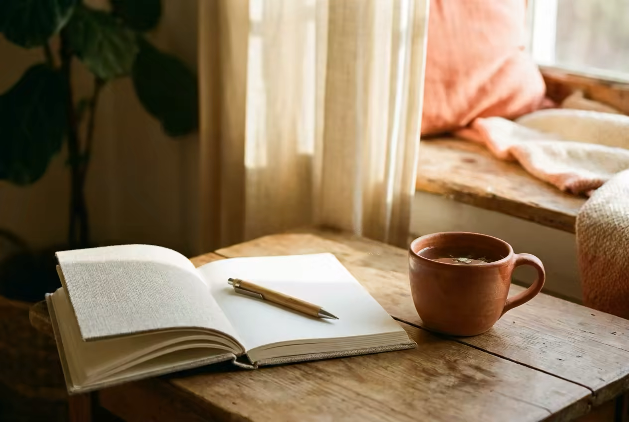 An open journal and a warm cup of tea by a sunlit window — setting intentions before a ketamine therapy session