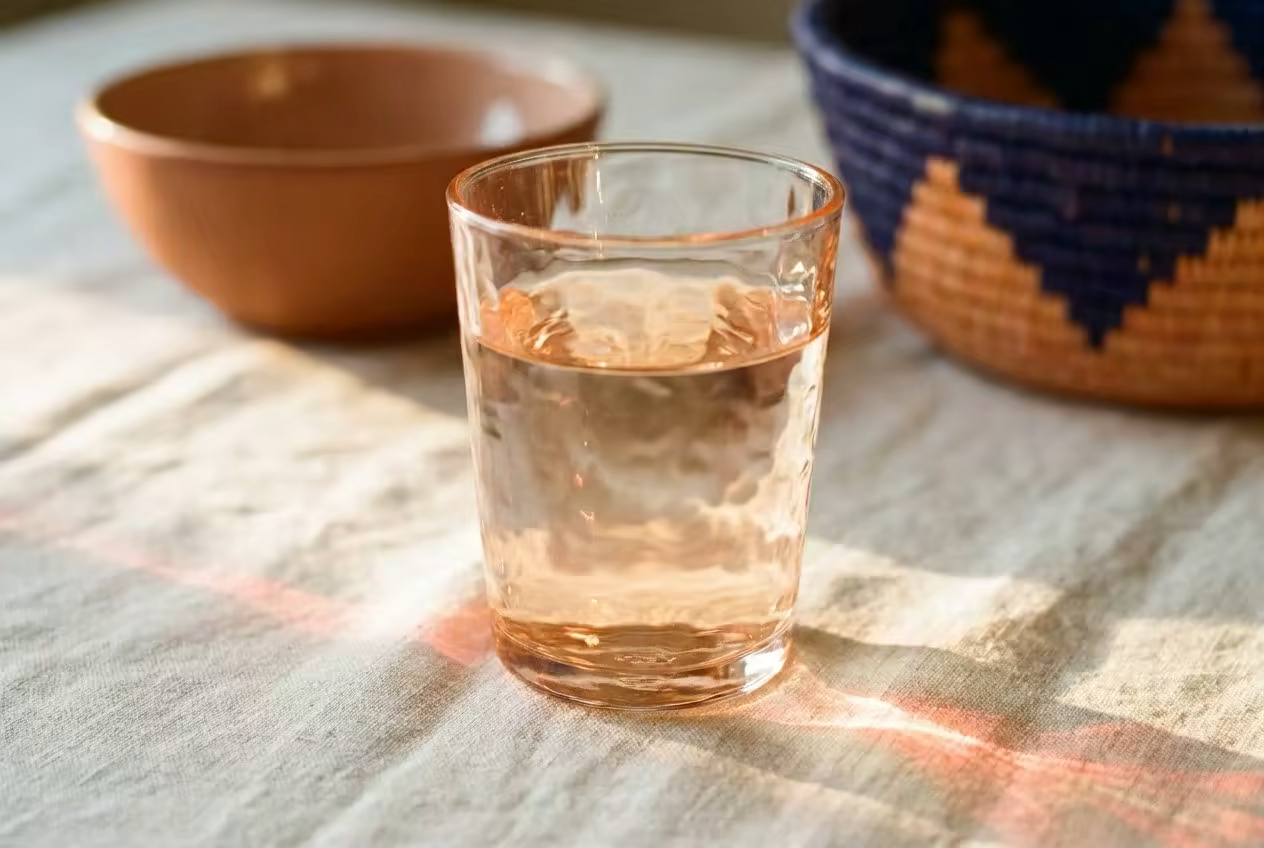 Soft warm light glowing through a glass of water