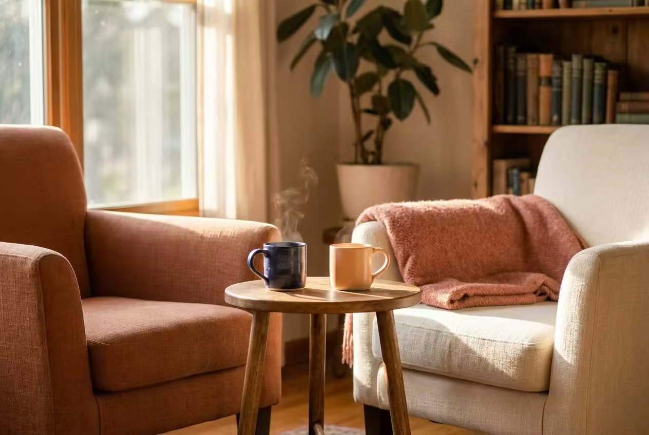Two chairs turned toward each other with warm cups of tea — a supportive conversation