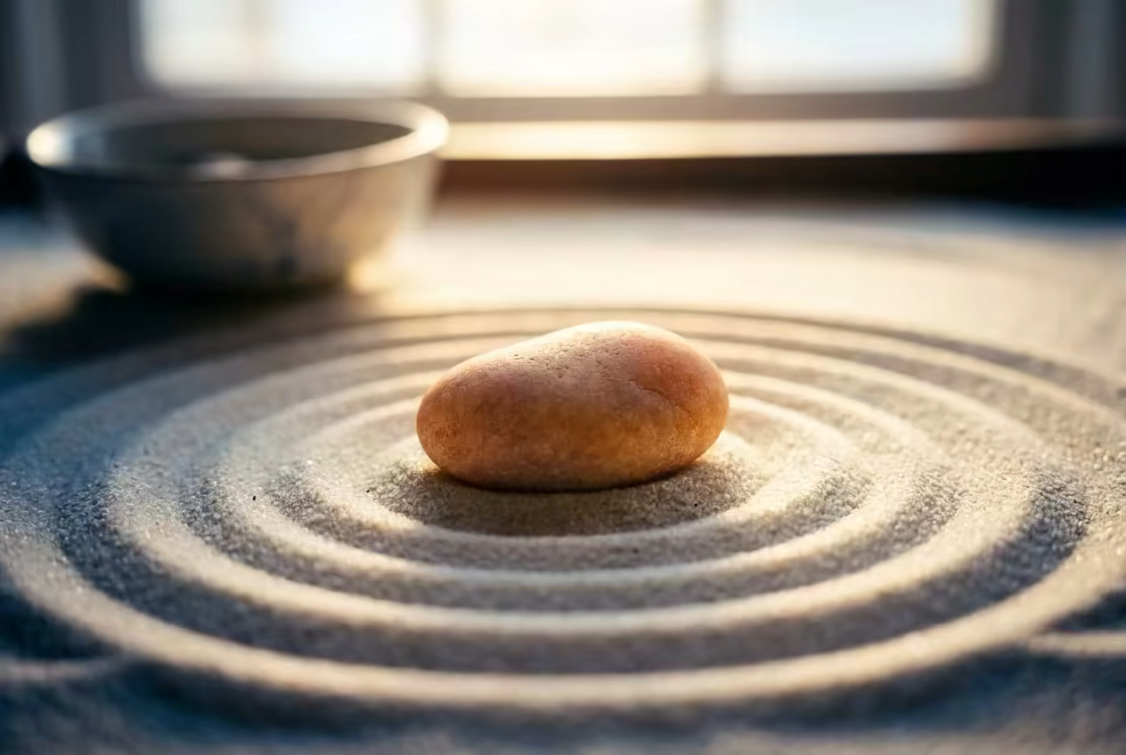 A smooth stone resting at the center of raked sand — setting an intention