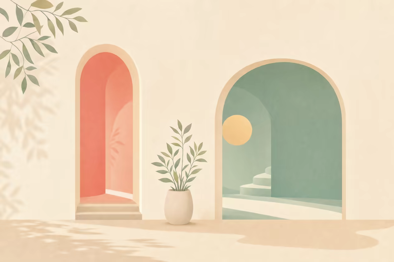 Flat illustration of two distinct archways, one coral and one sage, representing the different pathways of ketamine and opioids