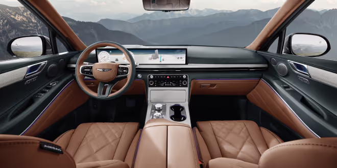A view of GV80's Smoky Green/Earth Brown Two-tone interior.