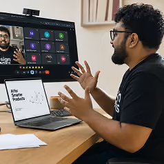 Designer in a video meeting presenting AI design work
