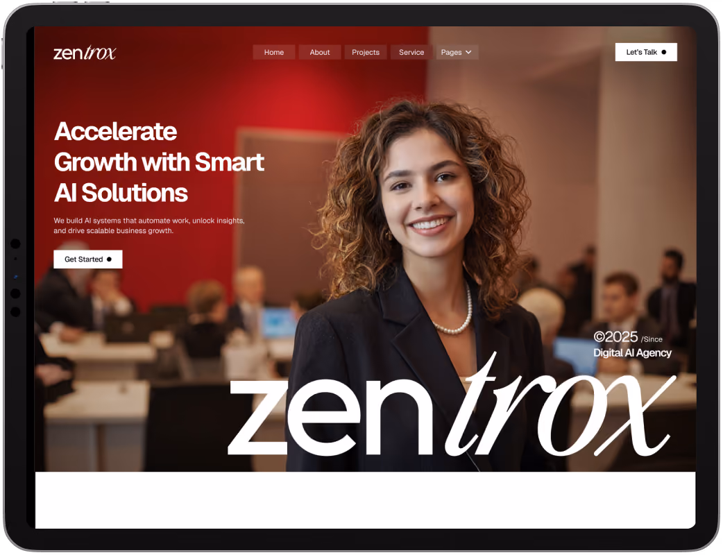 Zentrox AI solutions agency website on iPad mockup