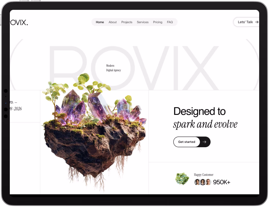 Rovix creative agency website on iPad mockup
