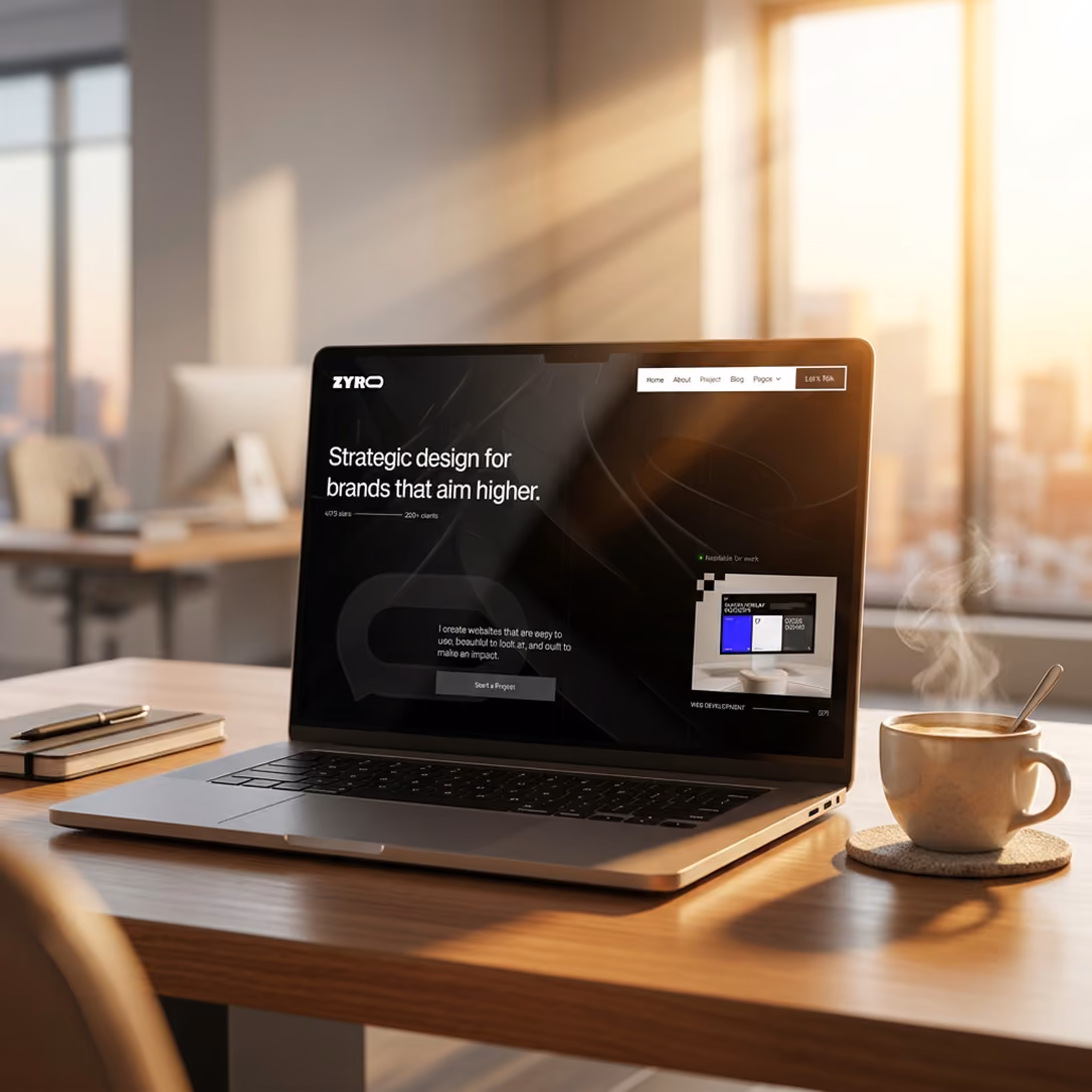 Zyro agency website design on a laptop in a sunlit office