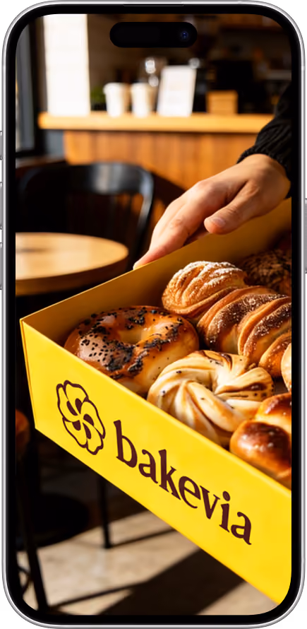 Bakevia bakery box of pastries on iPhone mockup