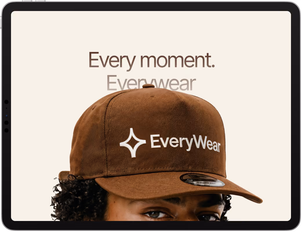 EveryWear brand cap with Every moment headline, shown on iPad