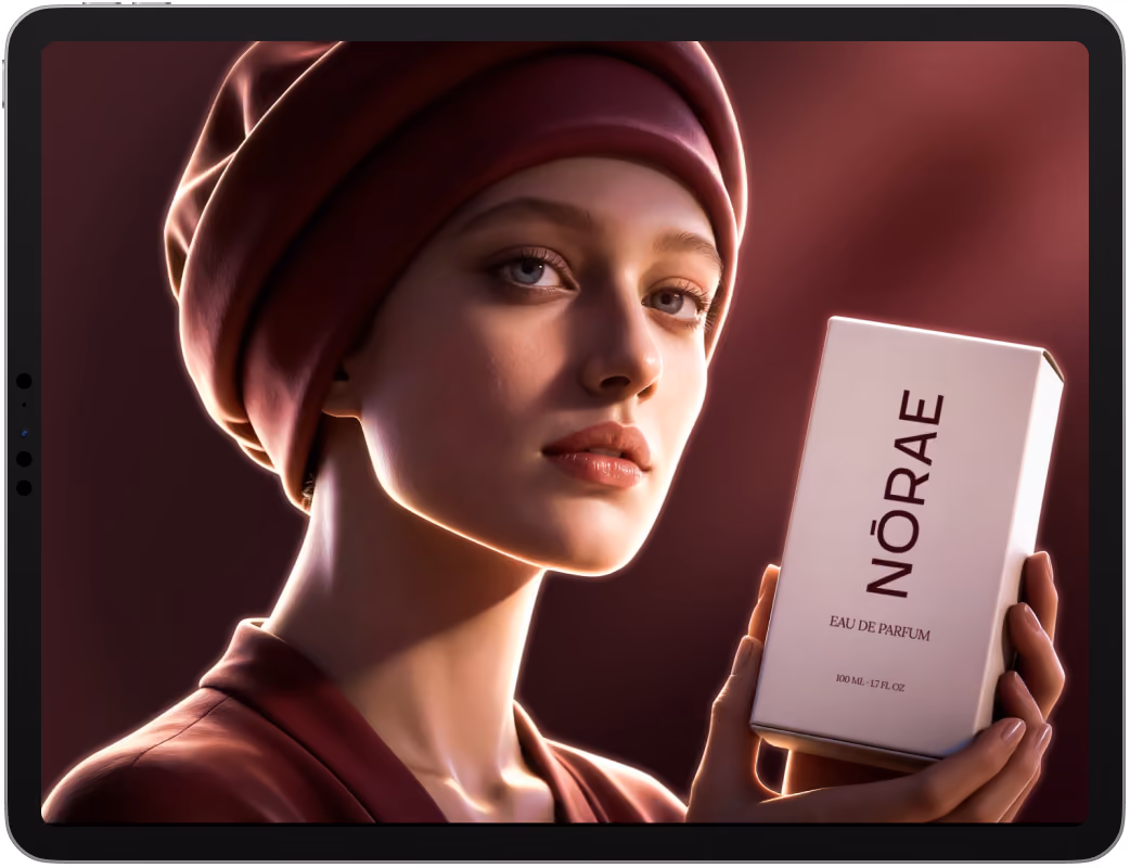 Norae beauty brand campaign with model holding product box, shown on iPad