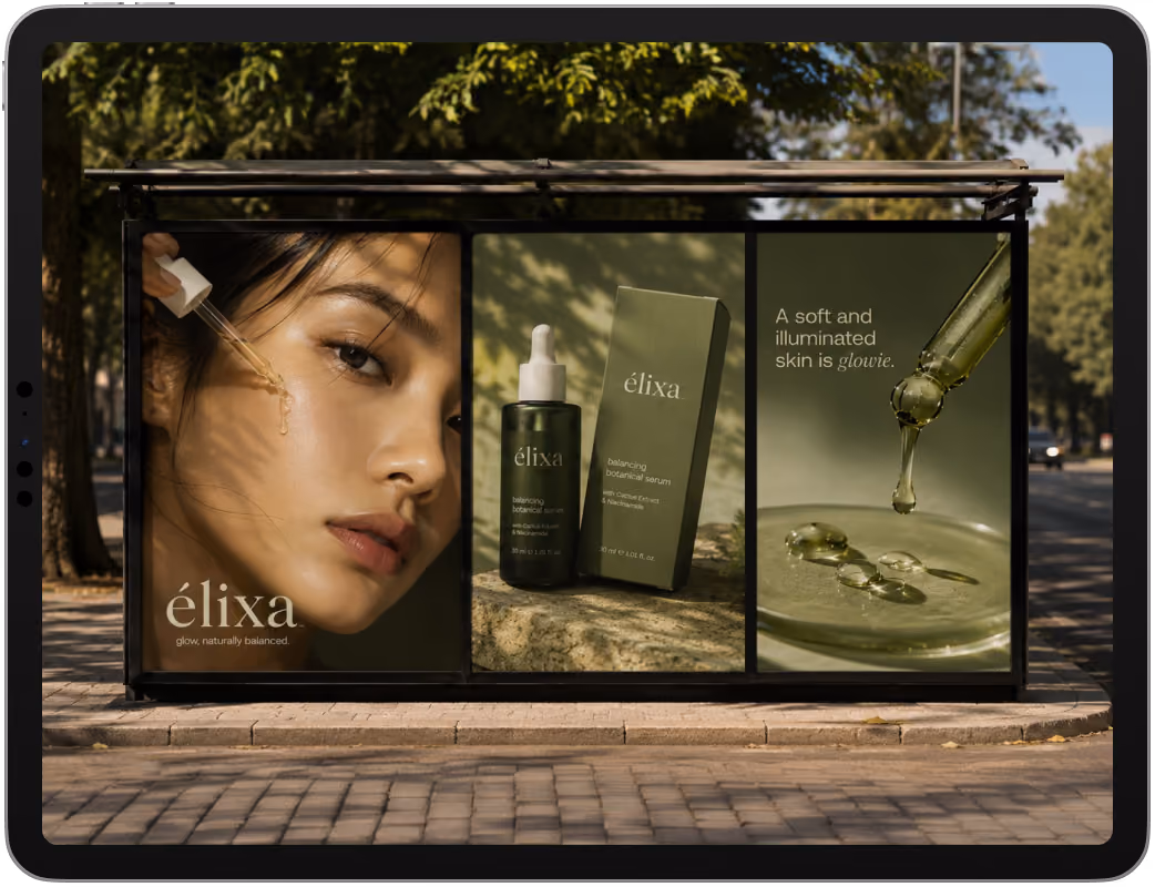 Elixa skincare brand ads on a bus shelter, shown on iPad