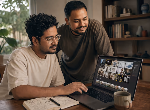Two designers collaborating over a laptop