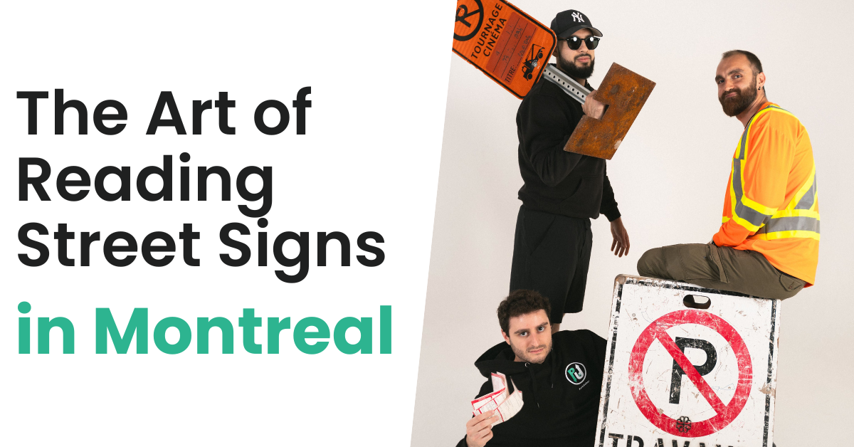 Confusing stack of Montreal parking signs with a red square residential permit zone and direction arrows on a street pole