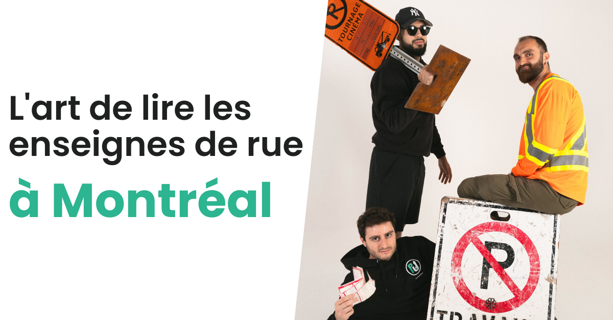 Pancarte de stationnement mélangeante à Montréal avec un carré rouge de zone réservée aux résidants et des flèches de direction