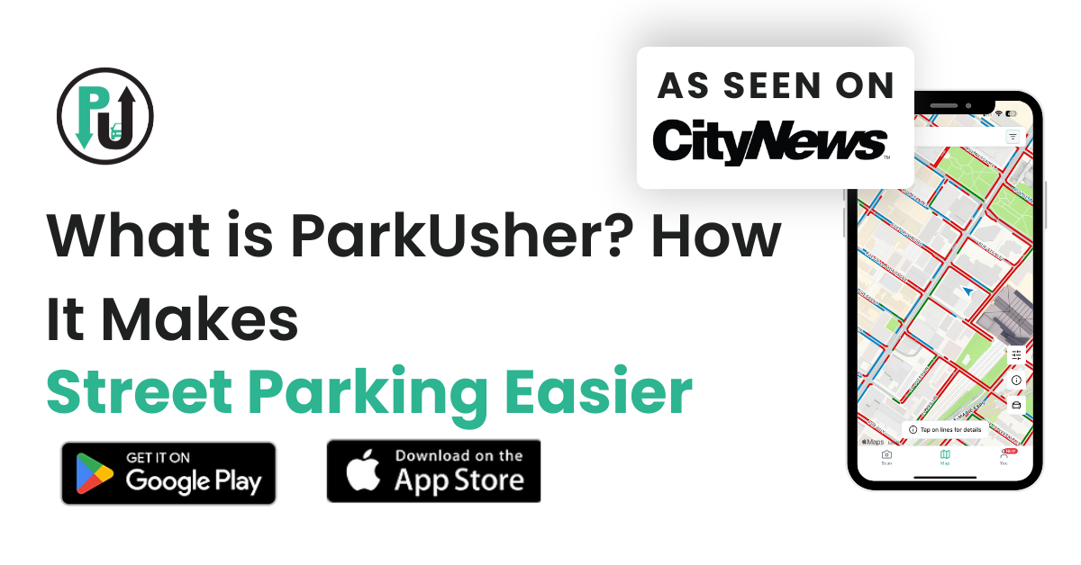 ParkUsher real time street parking map showing green legal parking and red restricted zones