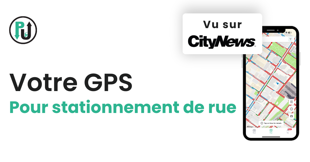 Carte ParkUsher en temps réel montrant les zones de stationnement permises en vert et interdites en rouge