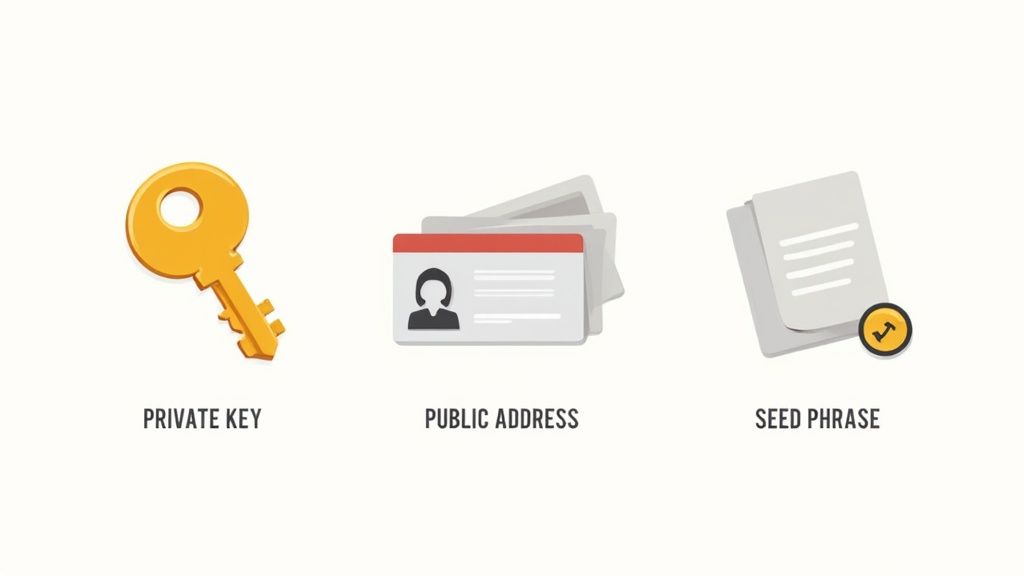 A visual representation of wallet components like keys and addresses