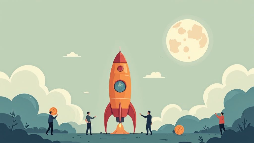A rocket launching towards the moon, symbolizing a crypto moonshot