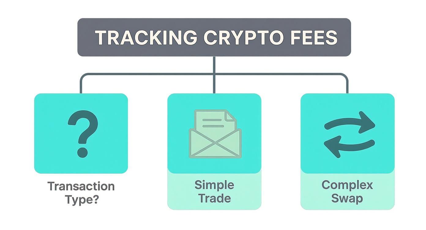 An infographic decision tree explaining how to track crypto fees for different transaction types like simple trades or complex swaps.